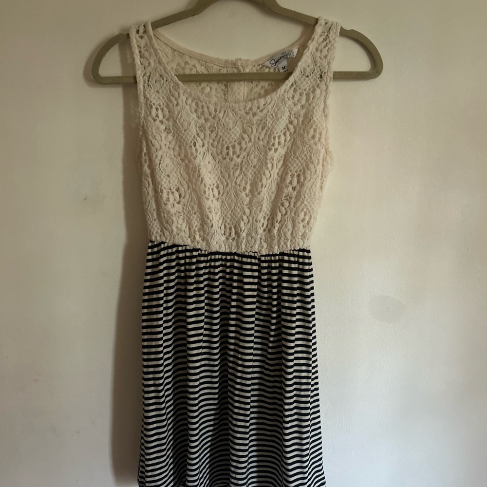 Speechless Cream Lace and Black Stripe Sundress Sleeveless Scoop Neck Midi